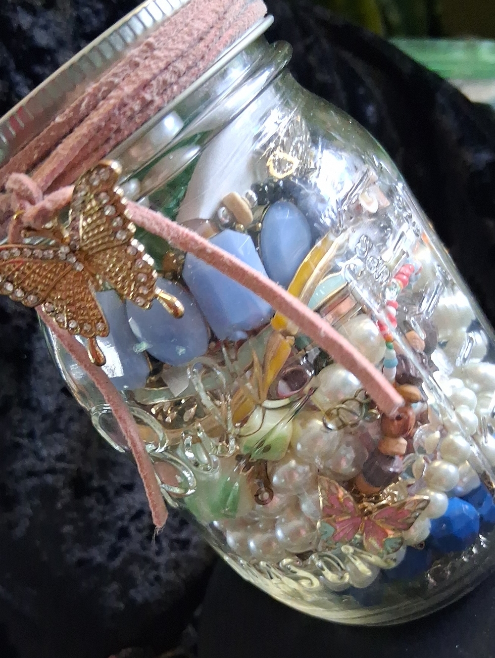 Assorted Beaded Jewelry Jar with Pastel Blue and Pink With Pearl Accents Crystal
